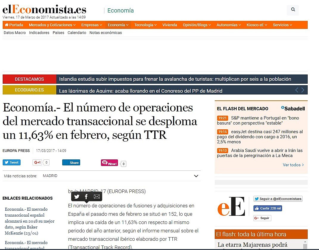 El nmero de operaciones del mercado transaccional se desploma un 11,63% en febrero, segn TTR